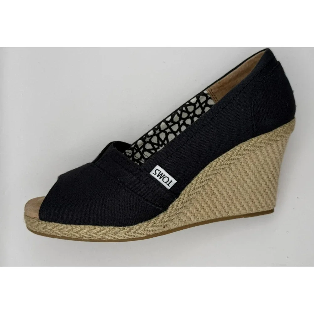 TOMS Womens 7.5 Black Canvas Peep Toe Espadrille Wedge Heels Slip On Shoes